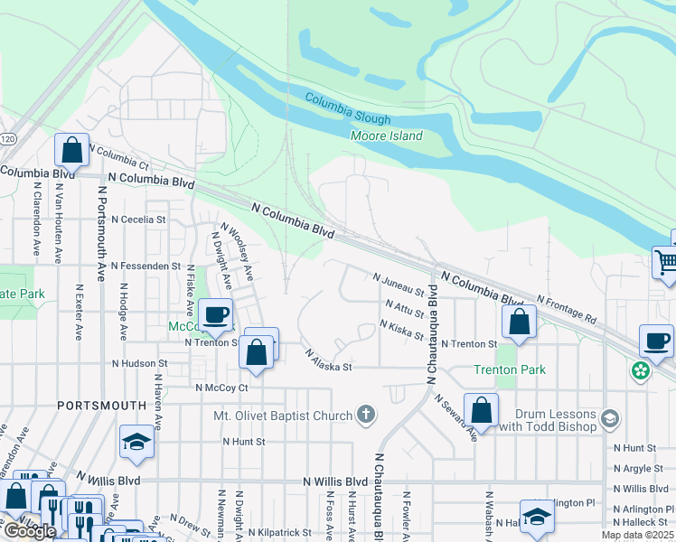 map of restaurants, bars, coffee shops, grocery stores, and more near 4088 North Attu Street in Portland