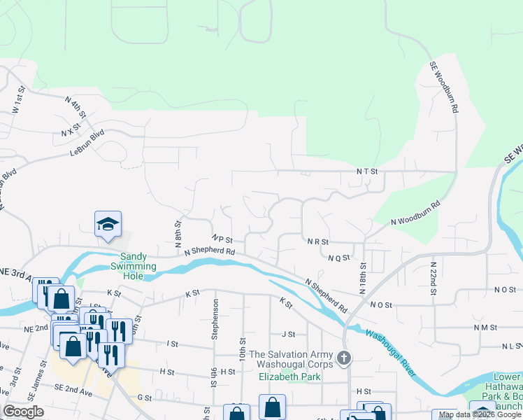 map of restaurants, bars, coffee shops, grocery stores, and more near 1905 North 10th Street in Washougal