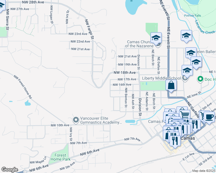 map of restaurants, bars, coffee shops, grocery stores, and more near 1541 Northwest Drake Street in Camas