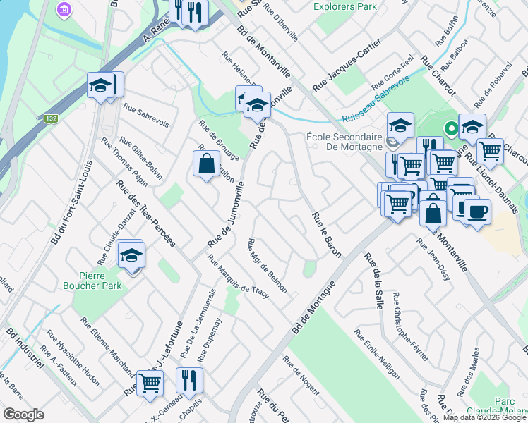 map of restaurants, bars, coffee shops, grocery stores, and more near 213 Rue de Brullon in Boucherville