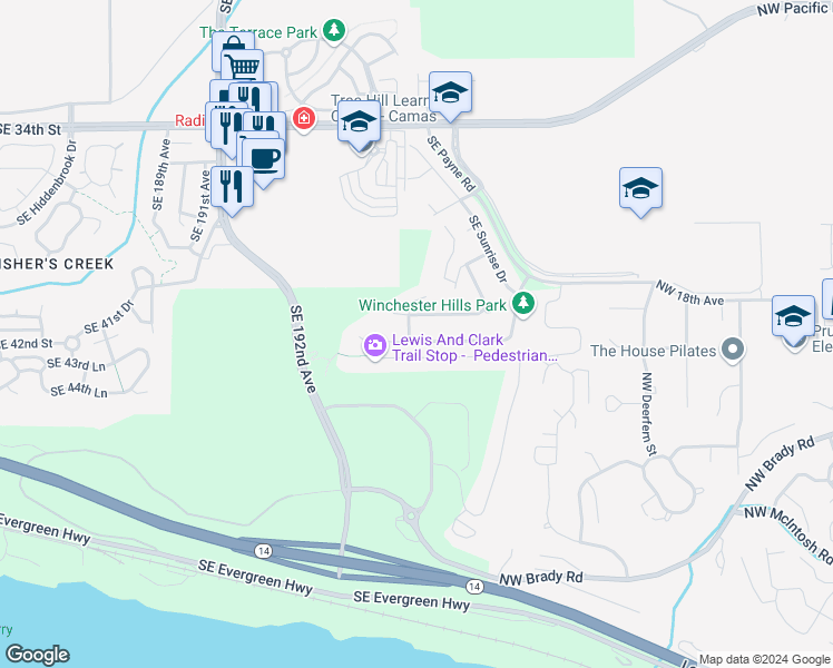 map of restaurants, bars, coffee shops, grocery stores, and more near 19604 Southeast 42nd Street in Camas