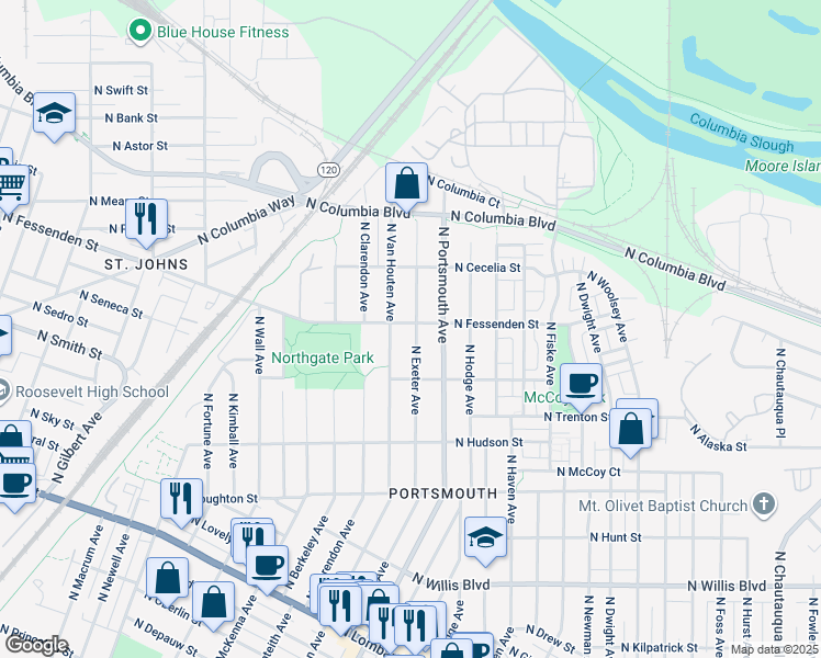 map of restaurants, bars, coffee shops, grocery stores, and more near 5412 North Fessenden Street in Portland