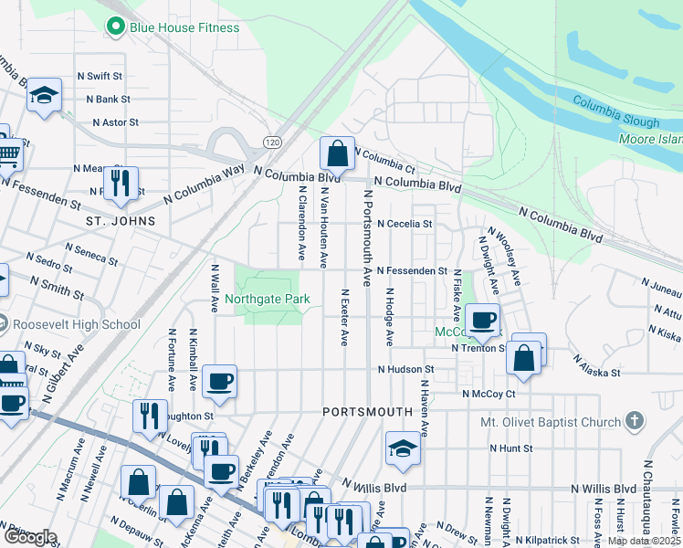 map of restaurants, bars, coffee shops, grocery stores, and more near 9435 North Exeter Avenue in Portland