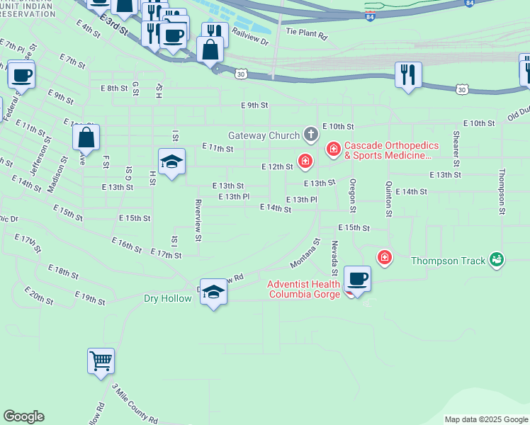 map of restaurants, bars, coffee shops, grocery stores, and more near 1520 East 14th Street in The Dalles