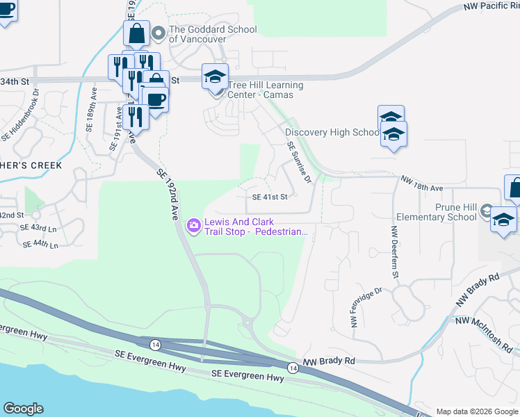 map of restaurants, bars, coffee shops, grocery stores, and more near 19604 Southeast 42nd Street in Camas