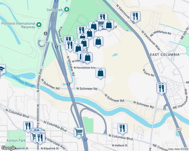 map of restaurants, bars, coffee shops, grocery stores, and more near 1001 North Schmeer Road in Portland