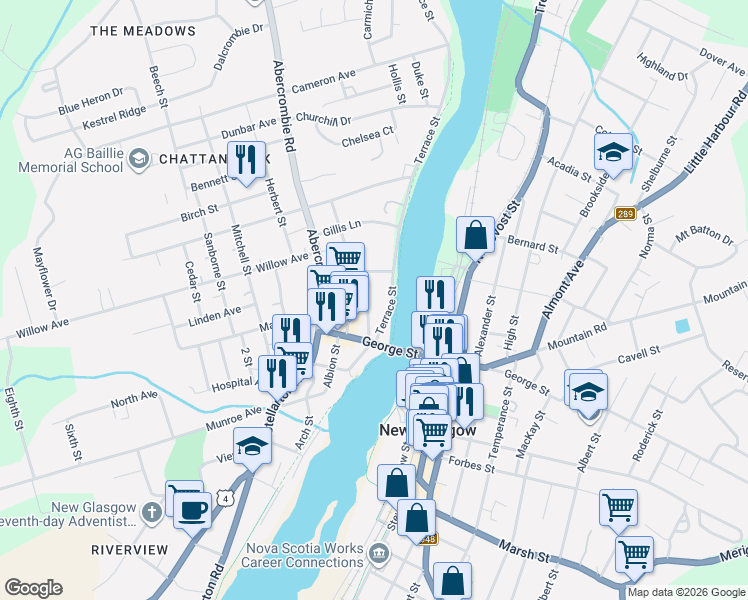 map of restaurants, bars, coffee shops, grocery stores, and more near 65 Company Street in New Glasgow