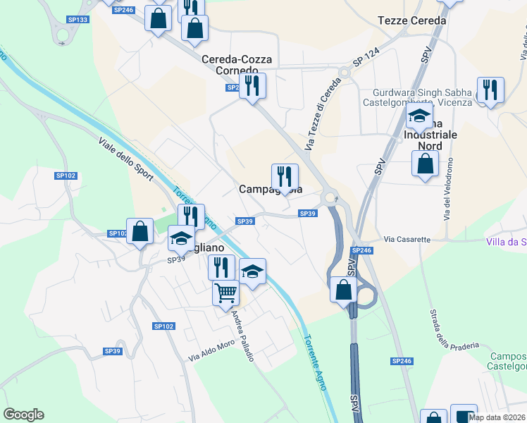 map of restaurants, bars, coffee shops, grocery stores, and more near 45 SP39 in Brogliano