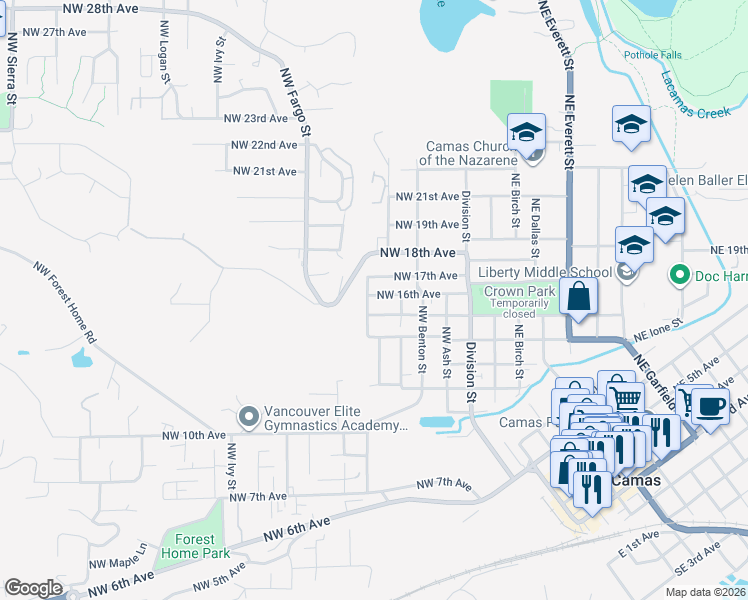 map of restaurants, bars, coffee shops, grocery stores, and more near 440 Northwest 16th Avenue in Camas