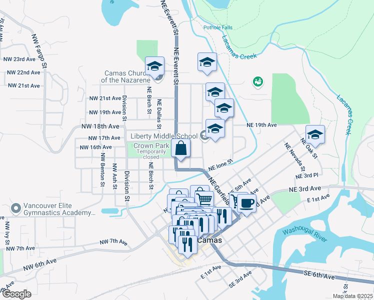 map of restaurants, bars, coffee shops, grocery stores, and more near 1527 Northeast Franklin Street in Camas