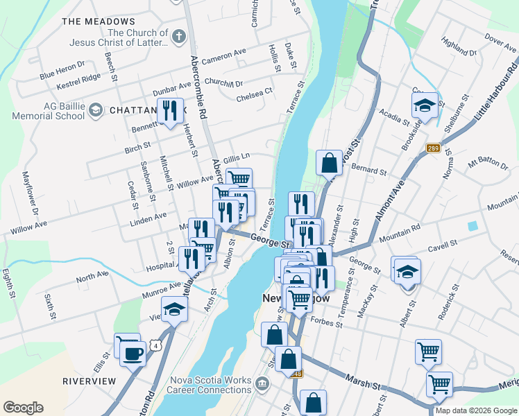 map of restaurants, bars, coffee shops, grocery stores, and more near 65 Company Street in New Glasgow