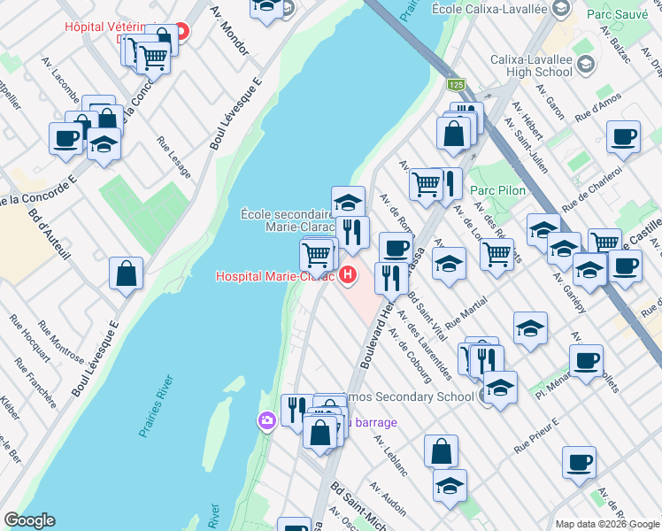 map of restaurants, bars, coffee shops, grocery stores, and more near 3551 Boulevard Gouin Est in Montréal