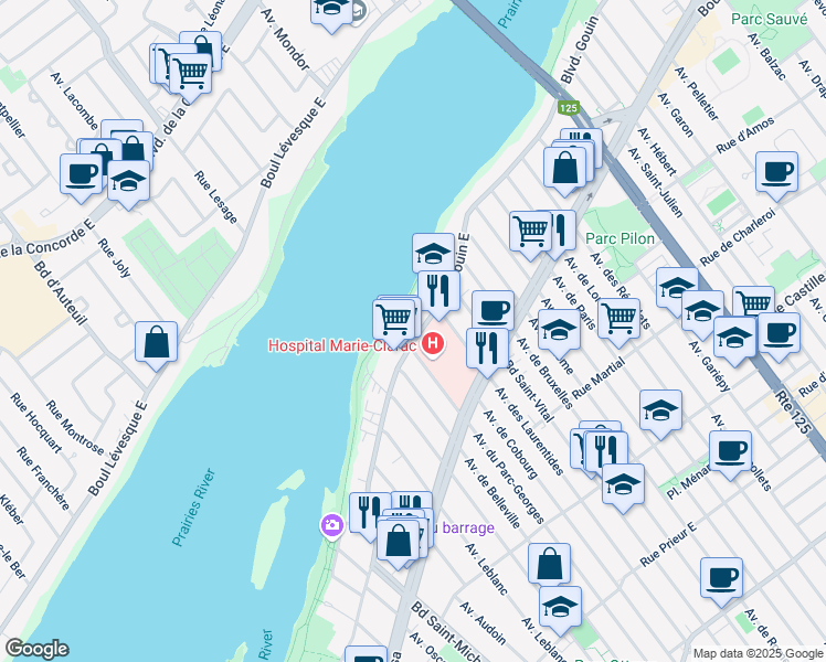 map of restaurants, bars, coffee shops, grocery stores, and more near 3551 Boulevard Gouin Est in Montréal