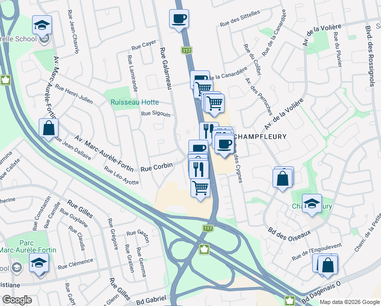 map of restaurants, bars, coffee shops, grocery stores, and more near 285 Rue Corbin in Laval