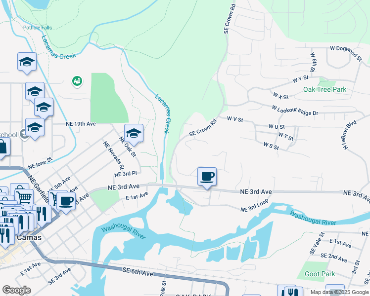 map of restaurants, bars, coffee shops, grocery stores, and more near 1711 Northeast Crown Lane in Camas