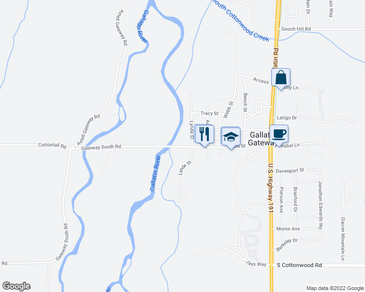 map of restaurants, bars, coffee shops, grocery stores, and more near Gateway South Rd in Gallatin