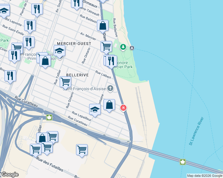 map of restaurants, bars, coffee shops, grocery stores, and more near 645 Rue Georges-Bizet in Montréal