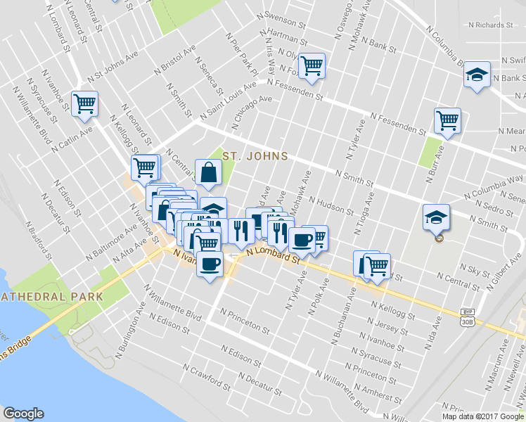 map of restaurants, bars, coffee shops, grocery stores, and more near 8506 North Richmond Avenue in Portland