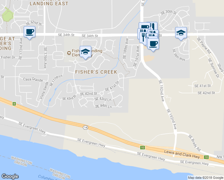 map of restaurants, bars, coffee shops, grocery stores, and more near 18500 Southeast 42nd Circle in Vancouver