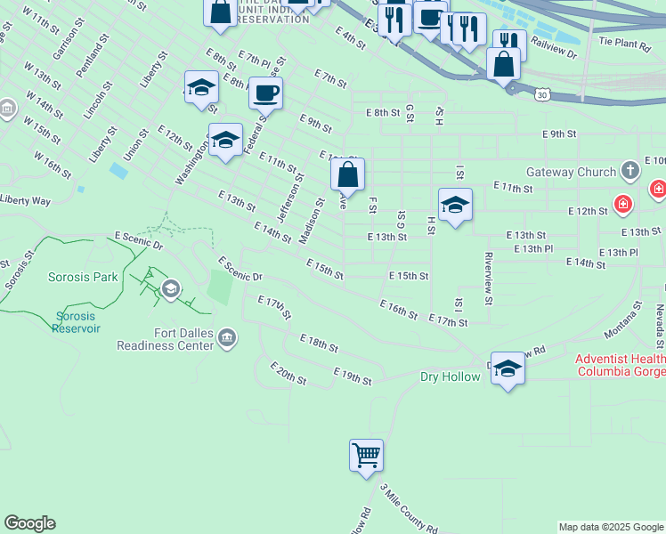 map of restaurants, bars, coffee shops, grocery stores, and more near 728 East 15th Street in The Dalles
