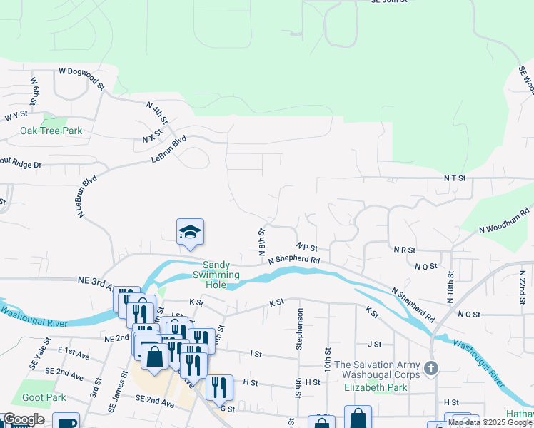 map of restaurants, bars, coffee shops, grocery stores, and more near 793 North R Street in Washougal