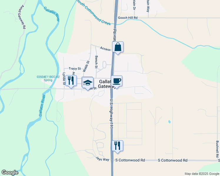 map of restaurants, bars, coffee shops, grocery stores, and more near 7 Gateway South Road in Gallatin Gateway