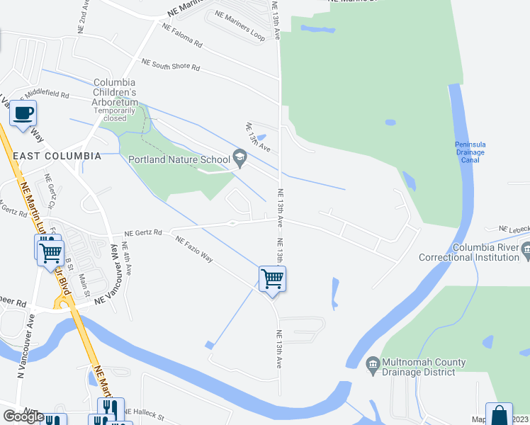 map of restaurants, bars, coffee shops, grocery stores, and more near Northeast River Point Circle in Portland