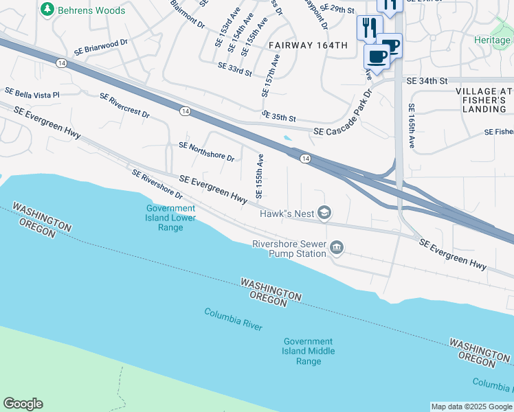 map of restaurants, bars, coffee shops, grocery stores, and more near SE Evergreen Hwy & SE 155th Ave in Vancouver