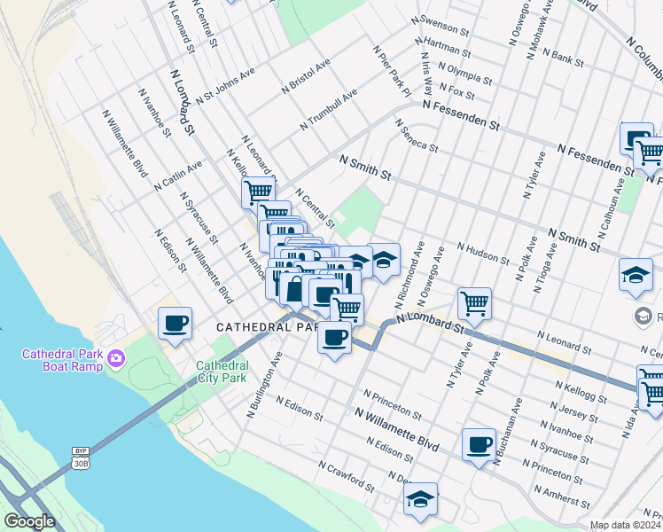 map of restaurants, bars, coffee shops, grocery stores, and more near 7518 North Burlington Avenue in Portland