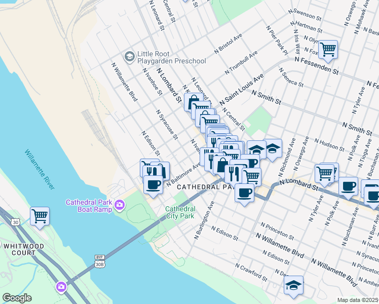 map of restaurants, bars, coffee shops, grocery stores, and more near 8910 North Syracuse Street in Portland