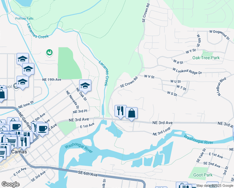map of restaurants, bars, coffee shops, grocery stores, and more near 1711 Northeast Crown Lane in Camas