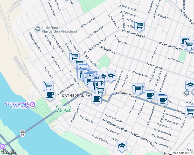 map of restaurants, bars, coffee shops, grocery stores, and more near 7581 North Leavitt Avenue in Portland