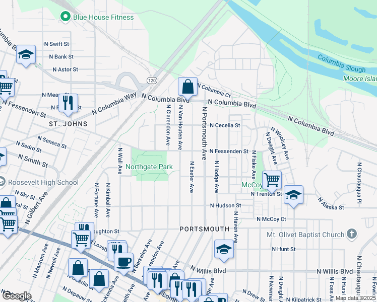 map of restaurants, bars, coffee shops, grocery stores, and more near 5412 North Fessenden Street in Portland