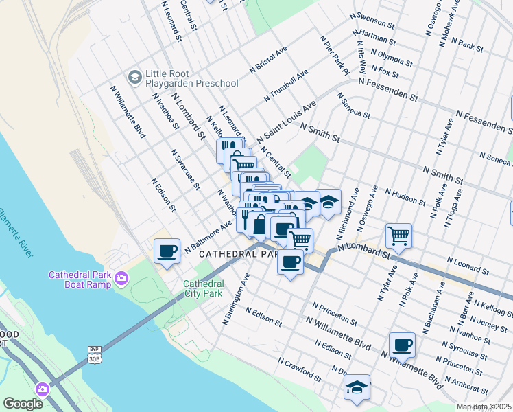 map of restaurants, bars, coffee shops, grocery stores, and more near 8759 North Lombard Street in Portland