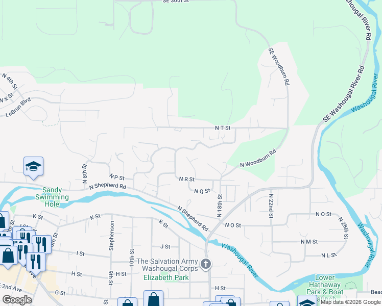 map of restaurants, bars, coffee shops, grocery stores, and more near 1472 North Columbia Ridge Way in Washougal