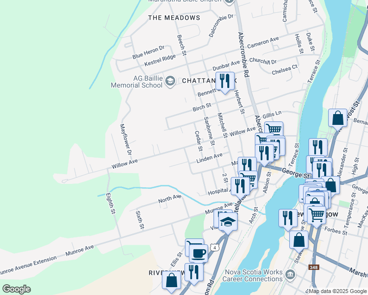 map of restaurants, bars, coffee shops, grocery stores, and more near Willow Avenue in New Glasgow