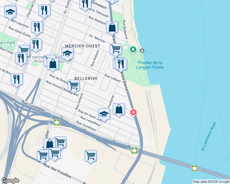map of restaurants, bars, coffee shops, grocery stores, and more near 675 Rue Georges Bizet in Montréal
