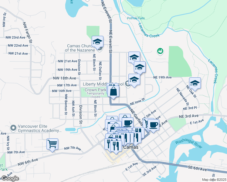 map of restaurants, bars, coffee shops, grocery stores, and more near 1527 Northeast Franklin Street in Camas