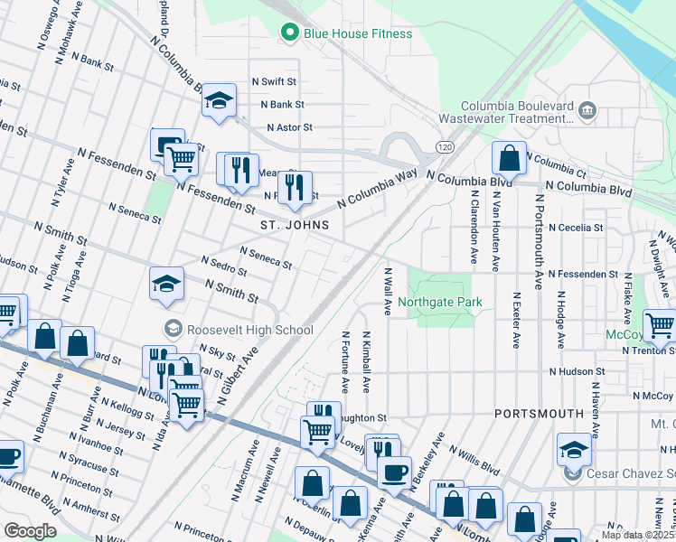 map of restaurants, bars, coffee shops, grocery stores, and more near 9416 North Macrum Avenue in Portland
