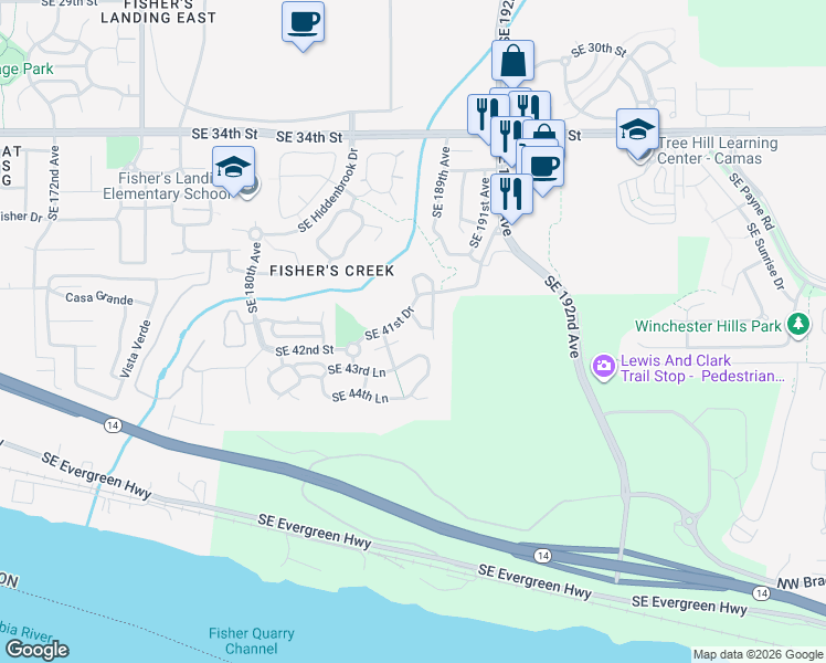 map of restaurants, bars, coffee shops, grocery stores, and more near 4140 Southeast 187th Place in Vancouver