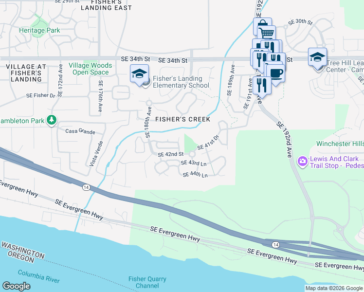map of restaurants, bars, coffee shops, grocery stores, and more near 18208 Southeast 42nd Street in Vancouver