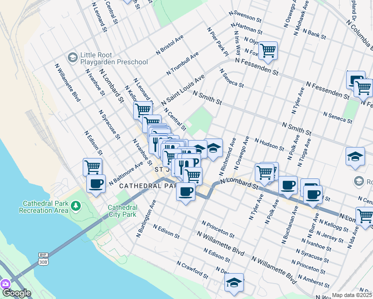 map of restaurants, bars, coffee shops, grocery stores, and more near 7518 North Burlington Avenue in Portland