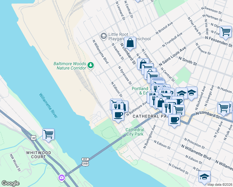 map of restaurants, bars, coffee shops, grocery stores, and more near 6814 North Saint Louis Avenue in Portland