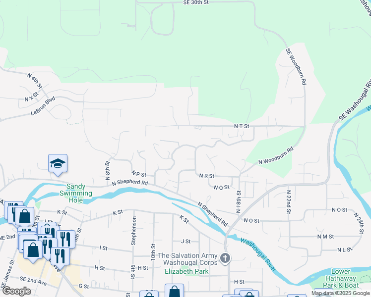 map of restaurants, bars, coffee shops, grocery stores, and more near 1340 North S Street in Washougal