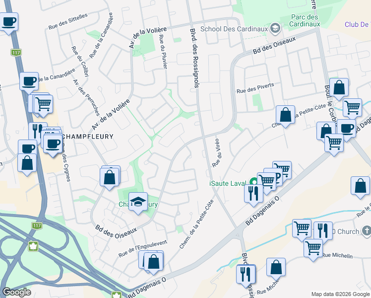 map of restaurants, bars, coffee shops, grocery stores, and more near 2438 Boulevard des Oiseaux in Laval