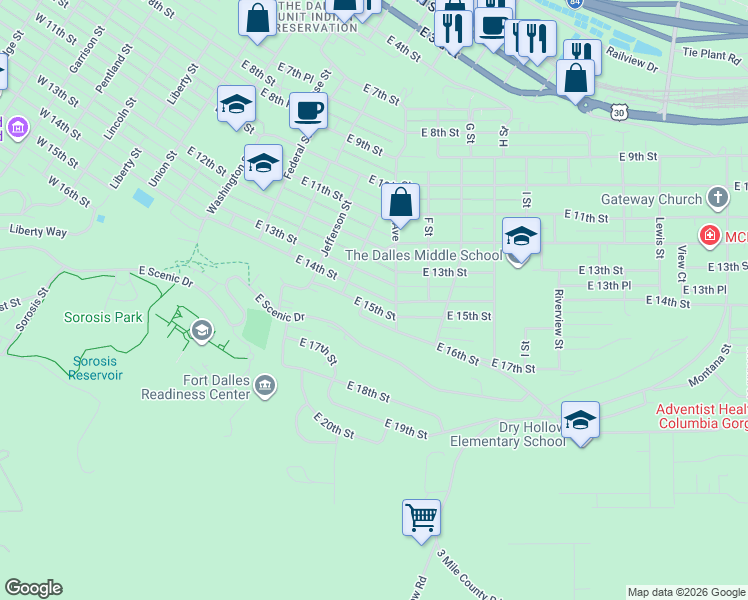 map of restaurants, bars, coffee shops, grocery stores, and more near 728 East 15th Street in The Dalles