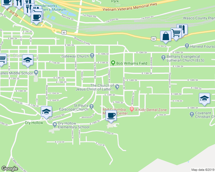 map of restaurants, bars, coffee shops, grocery stores, and more near 1729 East 14th Street in The Dalles