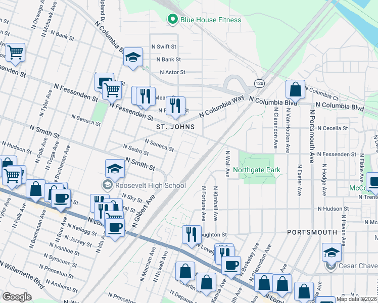 map of restaurants, bars, coffee shops, grocery stores, and more near 6605 North Seneca Street in Portland
