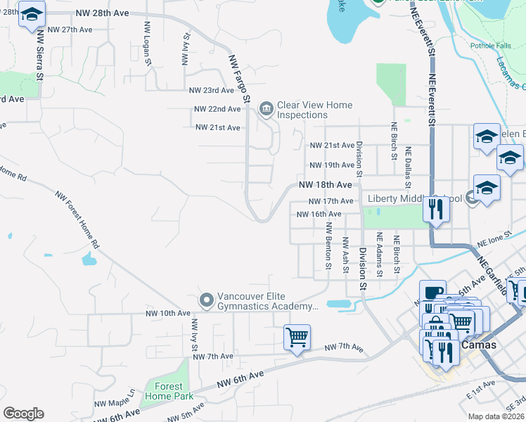 map of restaurants, bars, coffee shops, grocery stores, and more near 613 Northwest 18th Loop in Camas