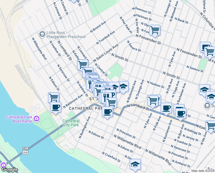 map of restaurants, bars, coffee shops, grocery stores, and more near 8015 North Leavitt Avenue in Portland